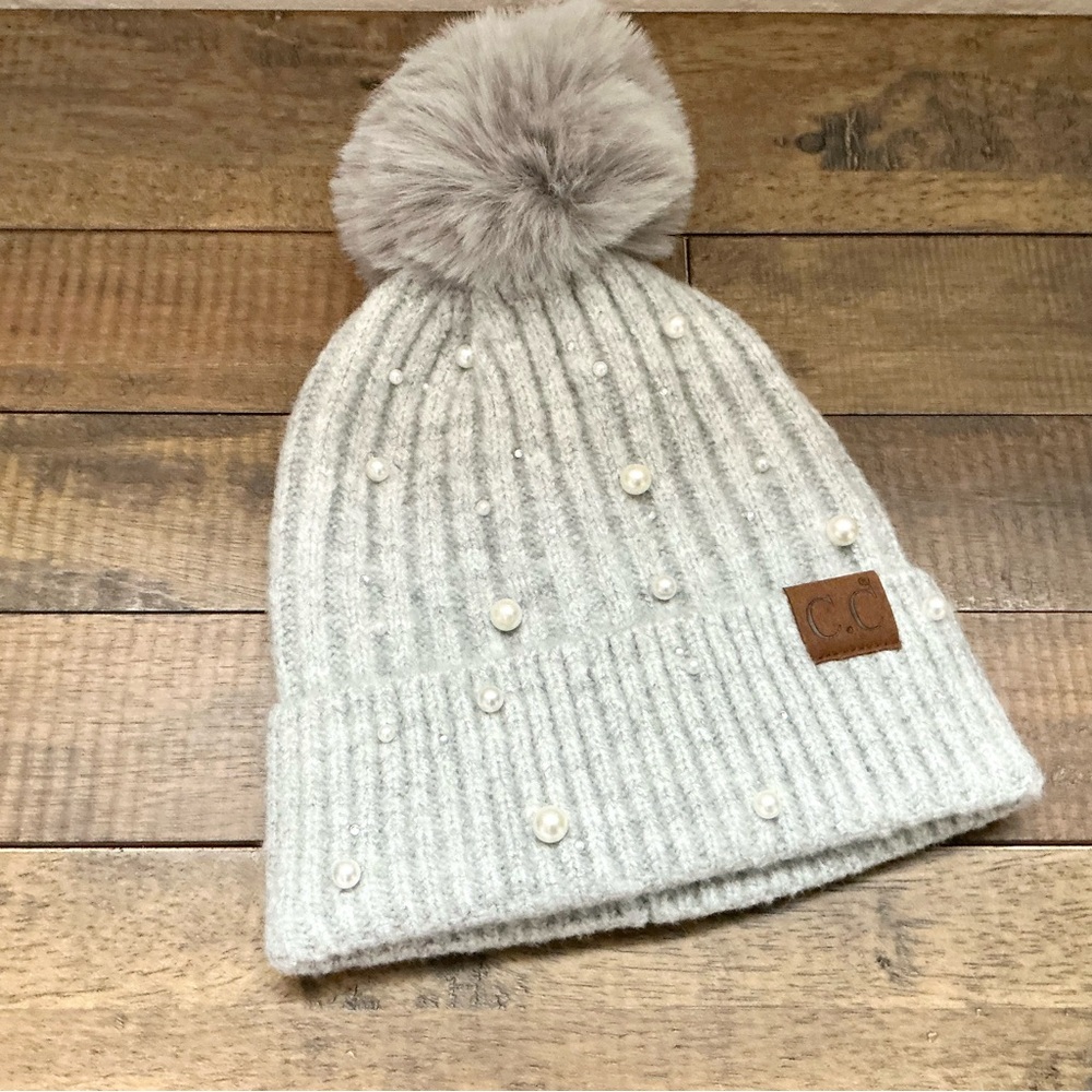 C.C Beanie PomPom Hat Pearl Rhinestone Embellished Coquette Feminine Outdoor NEW - Picture 2 of 9